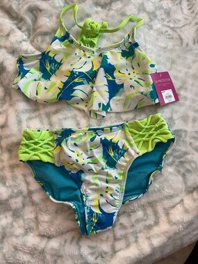 NWT - SO ~ Neon Lime & Teal Floral Two-Piece Bikini - Girls